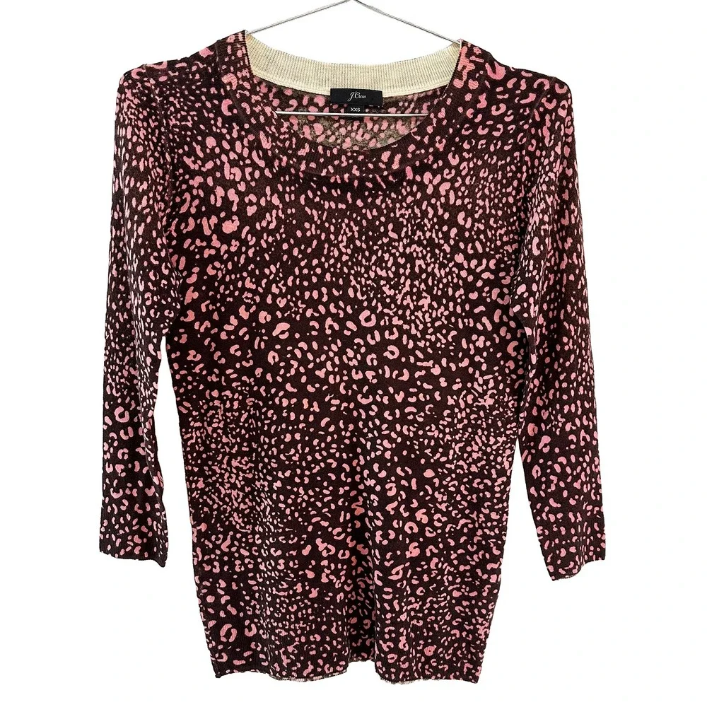 J. CREW 100%‎ Merino Wool Crew Neck Sweater • XXS • pink, brown, leopard print